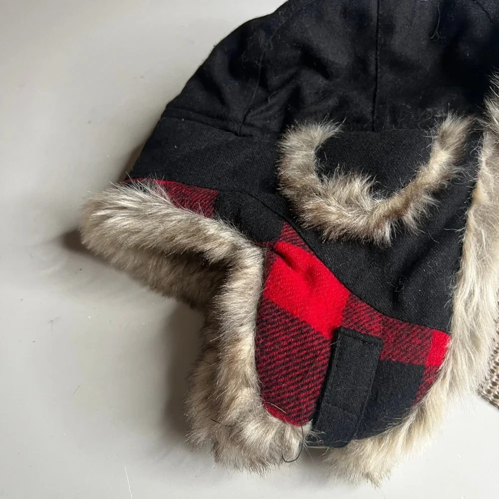 Woolrich Trapper Hat Black Red Buffalo Plaid Faux Fur Ear Flap W6006-RED NWT